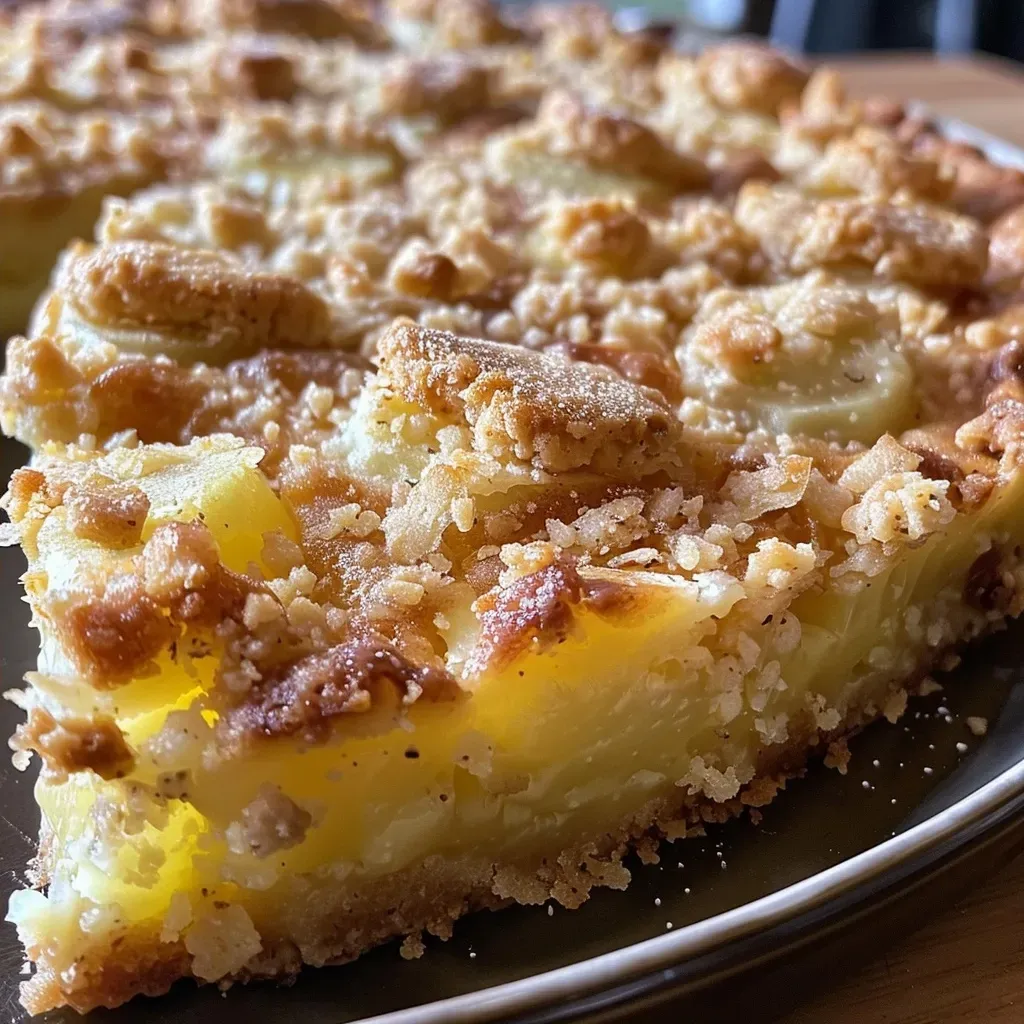Juicy slice of Pflaumenkuchen with a golden-brown cinnamon crumble on top.