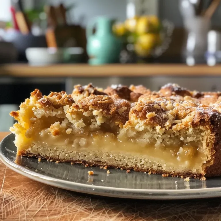 Close-up view of a juicy Pflaumenkuchen with crumbly cinnamon streusels.