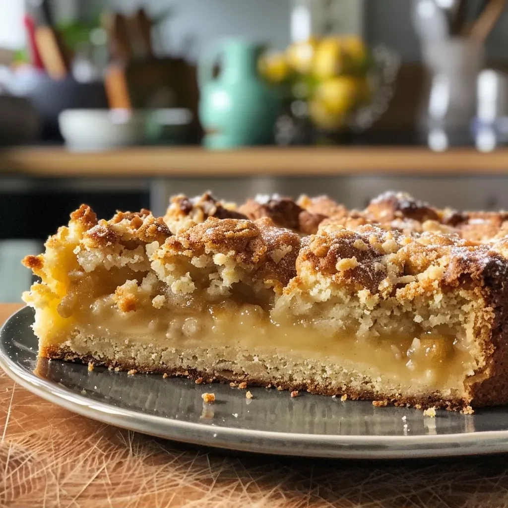Close-up view of a juicy Pflaumenkuchen with crumbly cinnamon streusels.