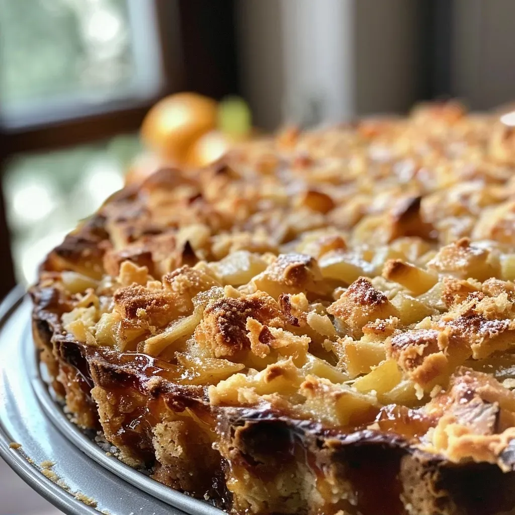 Side shot of a moist Pflaumenkuchen topped with cinnamon streusels and fresh plums.