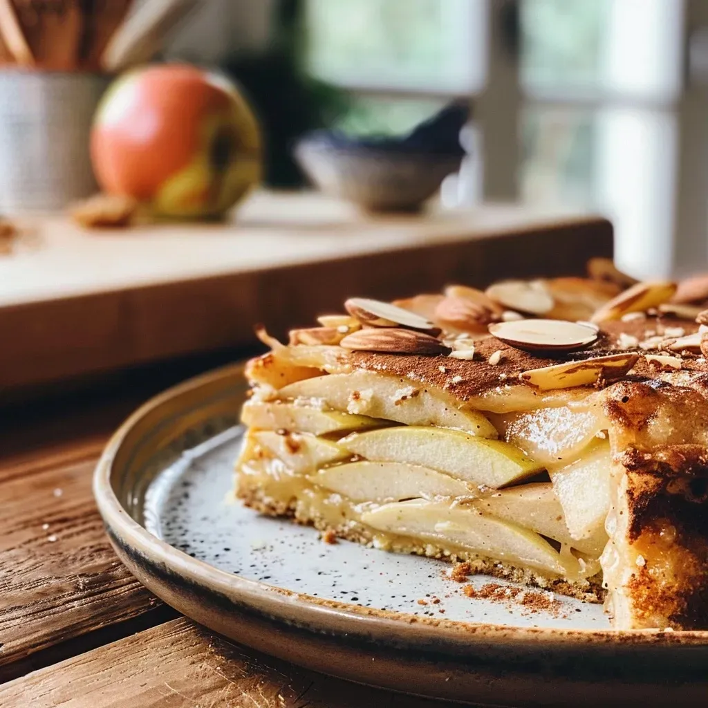 A close-up side view of a slice of Protein Apfelkuchen, showcasing its moist texture and apple chunks.