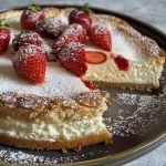 Close-up side view of a protein cheesecake topped with strawberry jam.