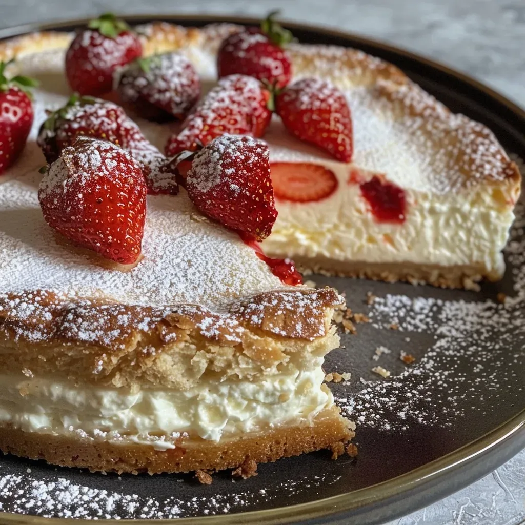 Close-up side view of a protein cheesecake topped with strawberry jam.