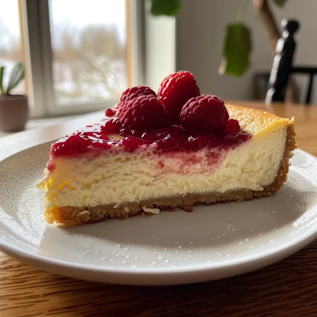 Detailed image of a creamy protein cheesecake with a layer of strawberry jam.
