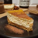 Close-up side view of a juicy Protein Kürbis Cheesecake with a textured crust.