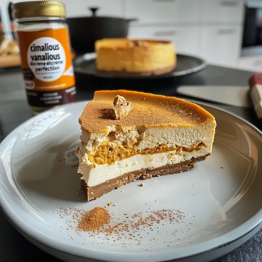 Side view of a creamy pumpkin cheesecake topped with a sprinkle of cinnamon.