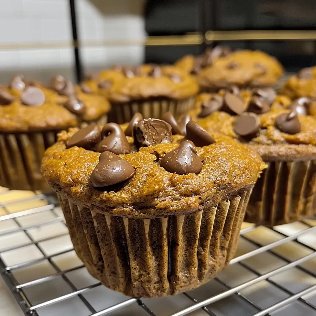 Close-up of gluten-free protein pumpkin muffins showcasing their texture and chocolate chips.