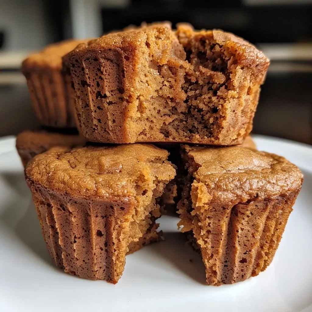 Side view of freshly baked protein pumpkin muffins, highlighting their moist appearance and rich color.