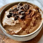 Close-up view of a creamy chocolate protein mousse in a glass.