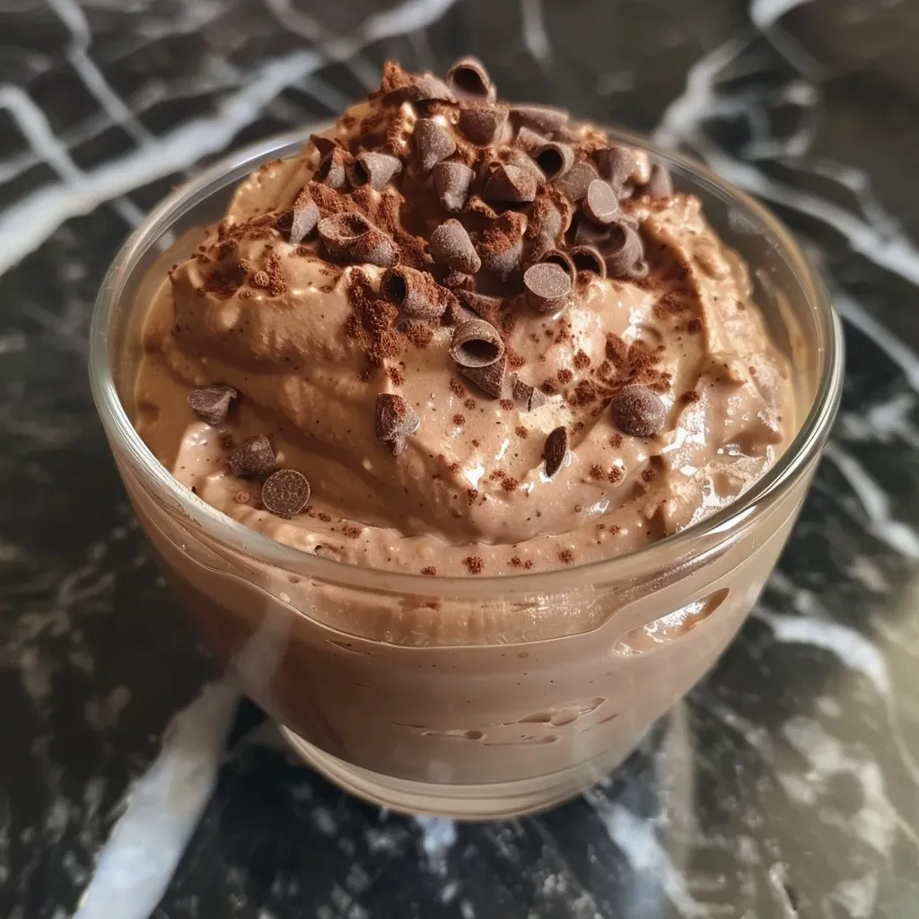 Side angle of rich protein mousse topped with cocoa powder.