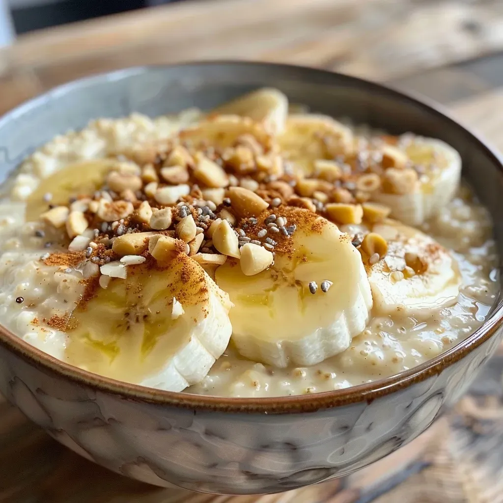 Close-up view of creamy protein porridge topped with slices of pear.