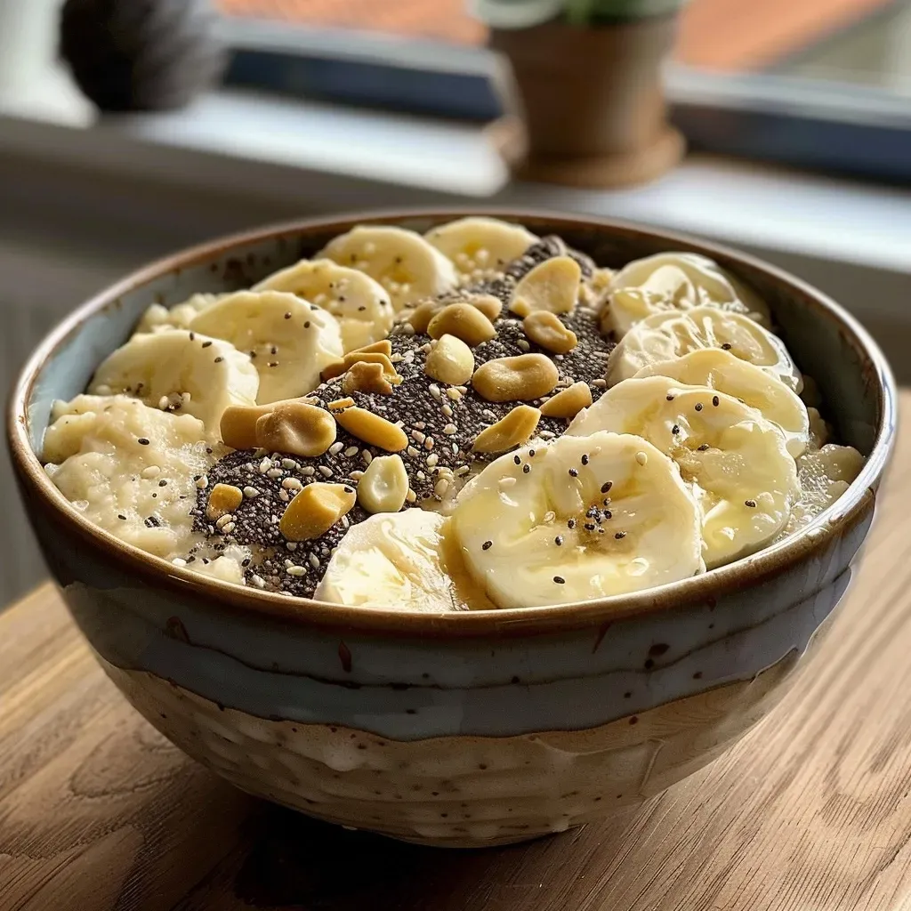 Side perspective of a bowl of protein porridge with fresh pear and a drizzle of oil.