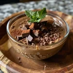 Close-up side view of a creamy chocolate mousse topped with chocolate shavings.