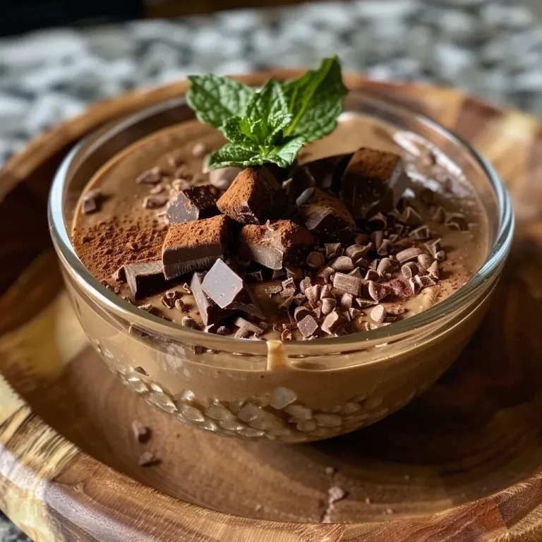 Himmlisch leichte Protein Schokoladenmousse für Naschkatzen Close-up side view of a creamy chocolate mousse topped with chocolate shavings.