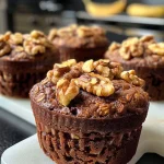 Close-up view of golden-brown banana nut muffins topped with chopped walnuts.