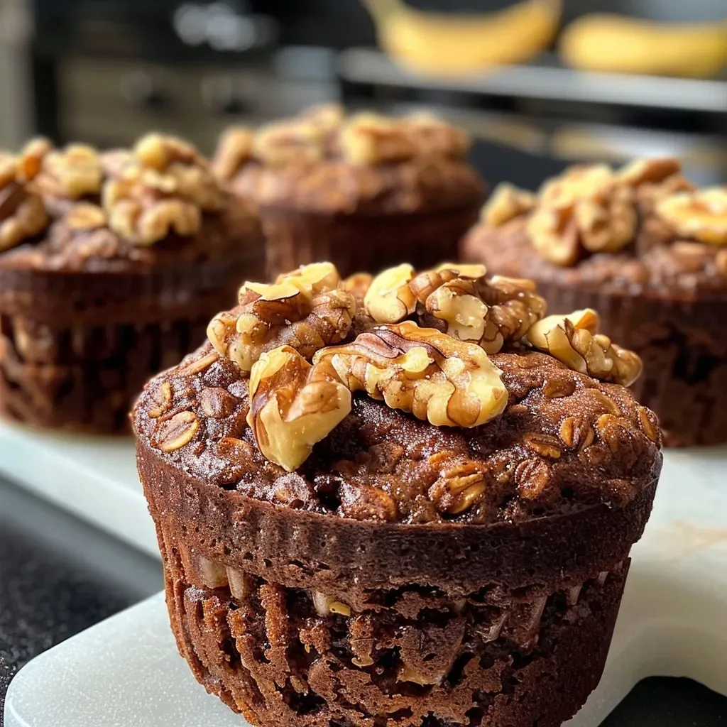 Close-up view of golden-brown banana nut muffins topped with chopped walnuts.