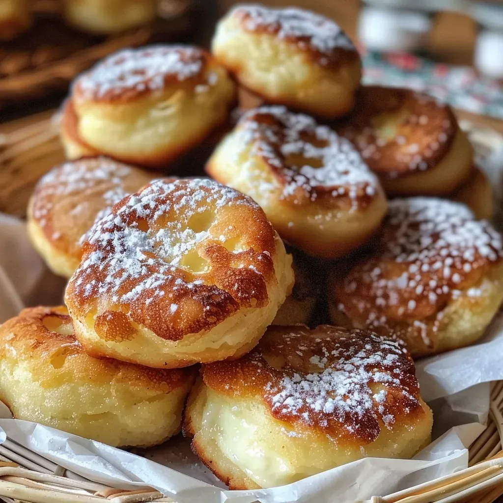 Close-up view of crispy Quarkbällchen, golden brown and dusted with sugar.