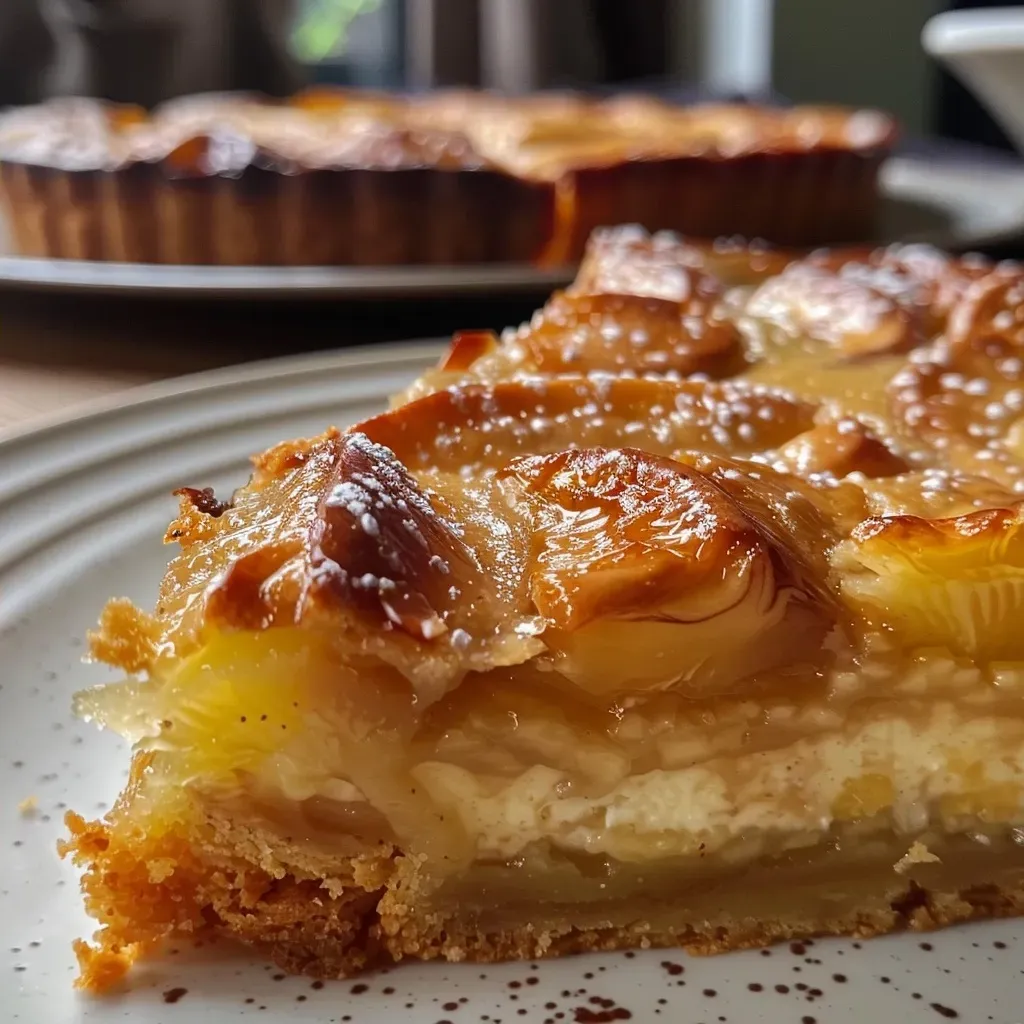 A close-up side view of a slice of Quittenblechkuchen on a plate.