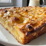 ['Close-up side view of a golden-brown Quittenkuchen topped with almond flakes.', 'Detailed shot of a slice of Quittenkuchen featuring a glossy quince topping with almond slices.', 'Side view of a freshly baked Quittenkuchen with a crispy almond topping and a juicy filling.', 'Close-up of a moist, layered Quittenkuchen showcasing almonds and quinces.']