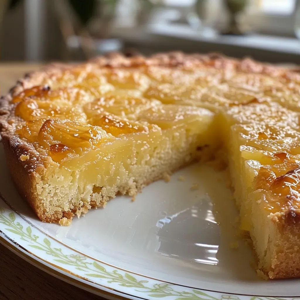 Close-up side view of a golden-brown Quittenkuchen topped with almond flakes.
