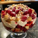 Close-up view of a colorful Retro Trifle with layers of fruit and cream in a glass bowl.