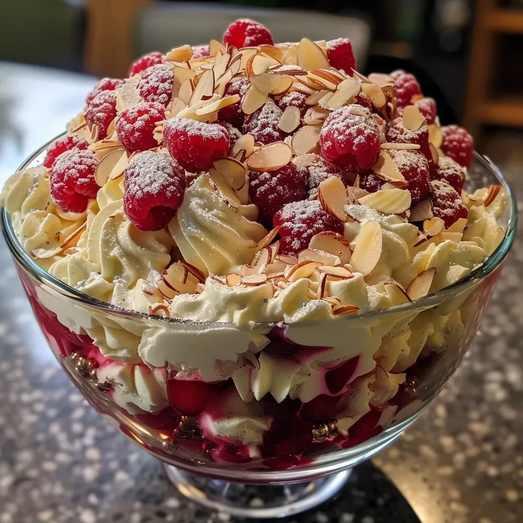 Side view of a delicious Retro Trifle, showcasing vibrant strawberries and raspberries in creamy layers.