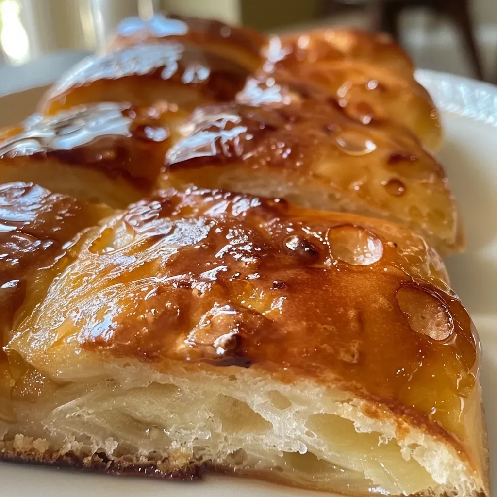 Side view of a freshly baked Rhabarberkuchen, highlighting its crispy texture and vibrant filling.