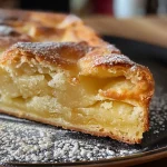 Close-up of a slice of juicy rhubarb cake viewed from the side.