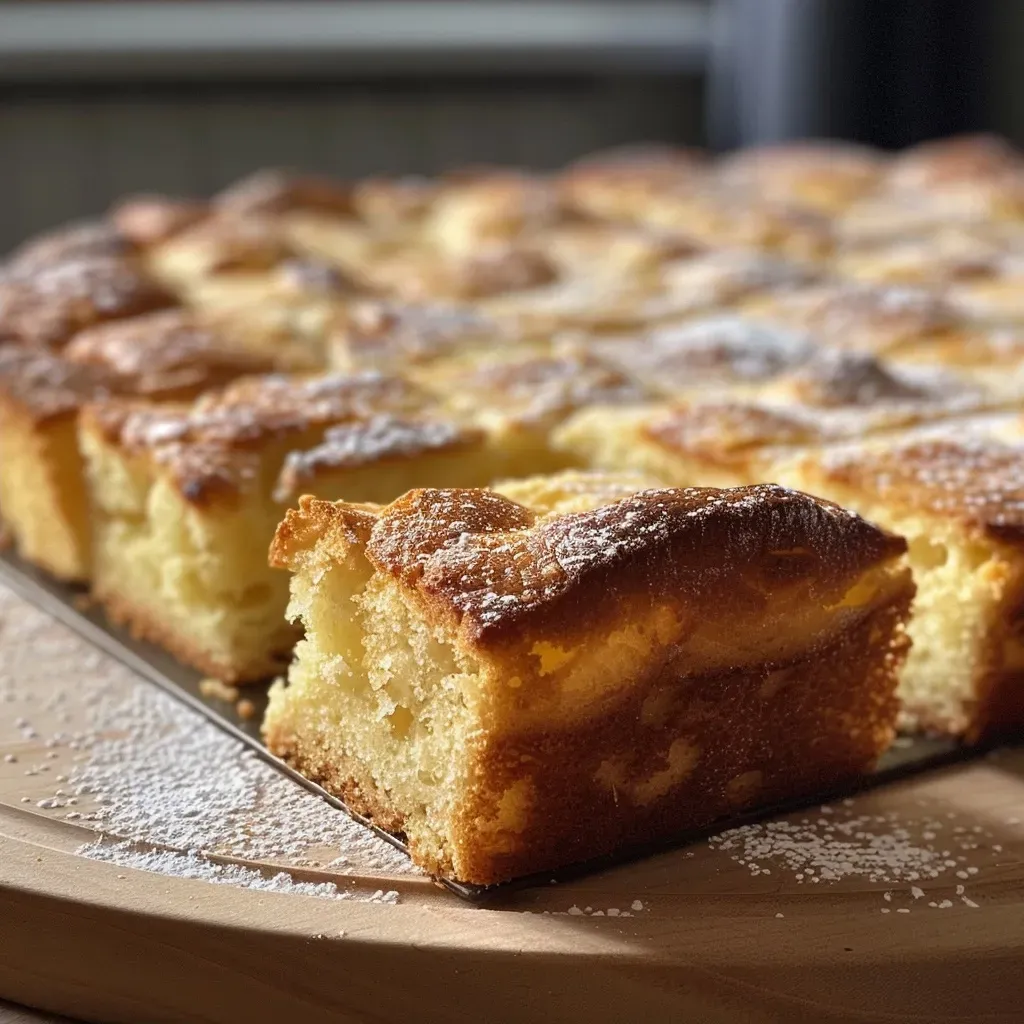 Juicy Rhabarberkuchen vom Blech with a golden crust and visible chunks of rhubarb stacked on a baking sheet.