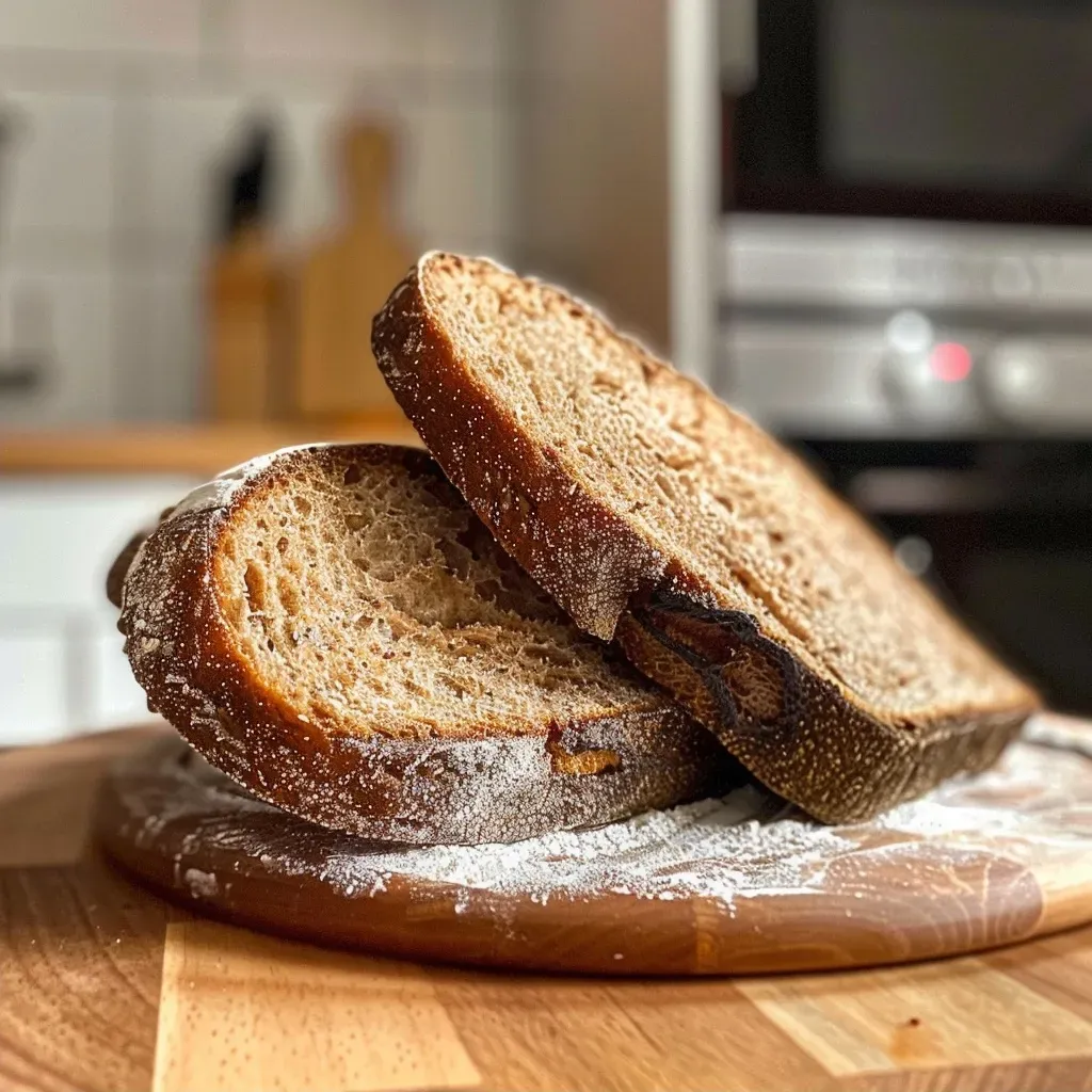 Side view of a slice of Roggenmischbrot showing its dense, moist interior.