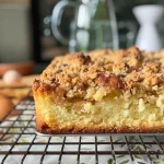 ['Close-up view of a slice of plum cake topped with crumbly streusel and cinnamon butter.', 'Side angle of a juicy plum cake with cinnamon streusel on top, showcasing its moist texture.', 'Deliciously baked plum cake slice, featuring a crumbly topping and vibrant plum filling.', 'A richly textured piece of plum cake adorned with golden streusel and a sprinkle of cinnamon.']