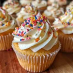Close-up view of air fryer cupcakes topped with colorful frosting.