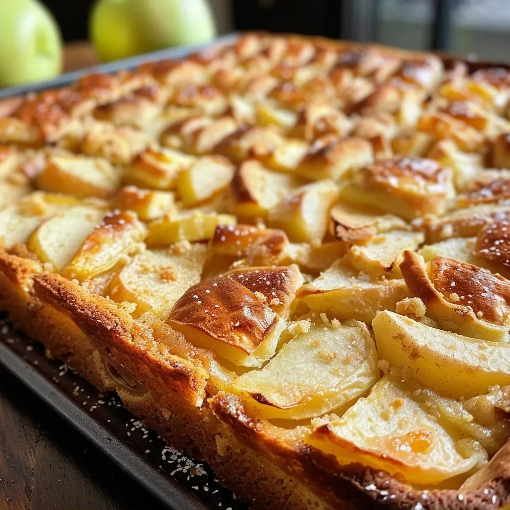 Close-up view of a low carb apple cake on a baking sheet.