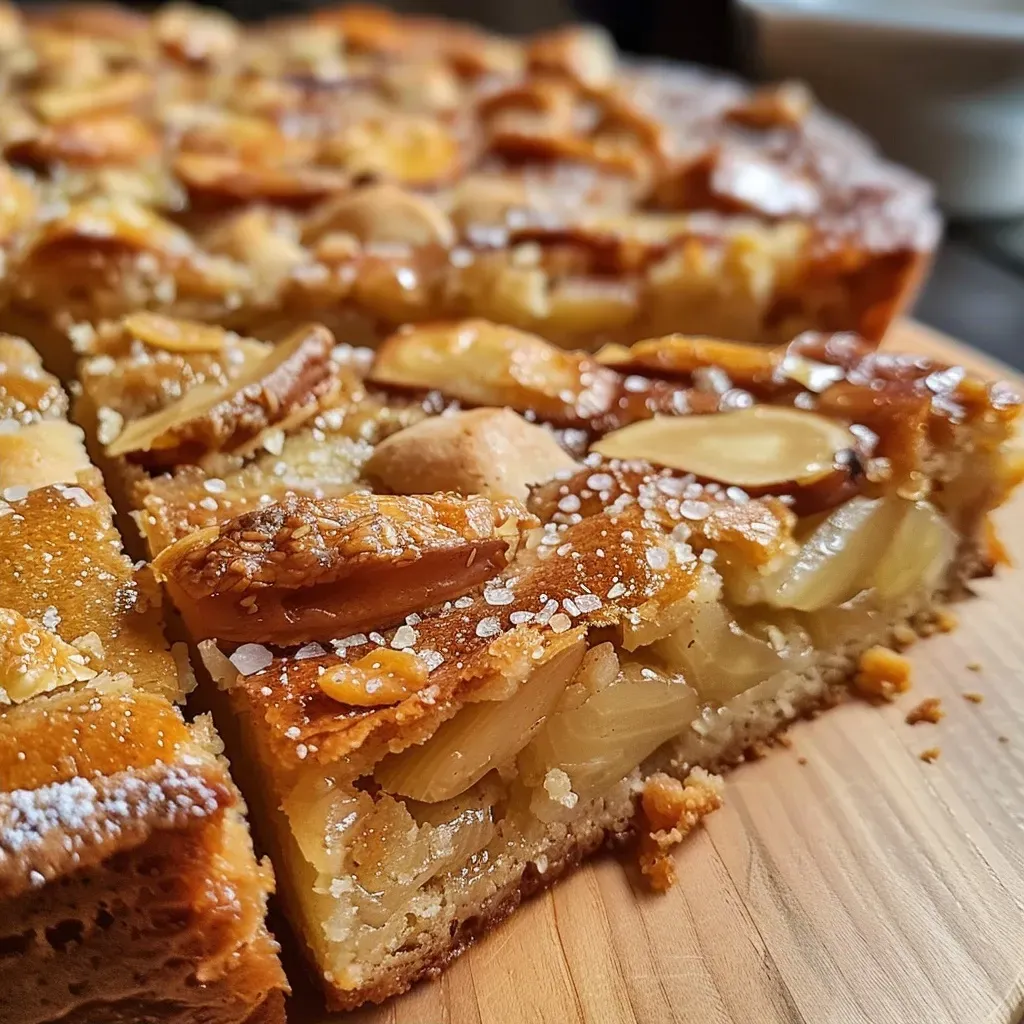 Close-up shot of Schneller Mandelkuchen showcasing its crumbly texture and almond topping.