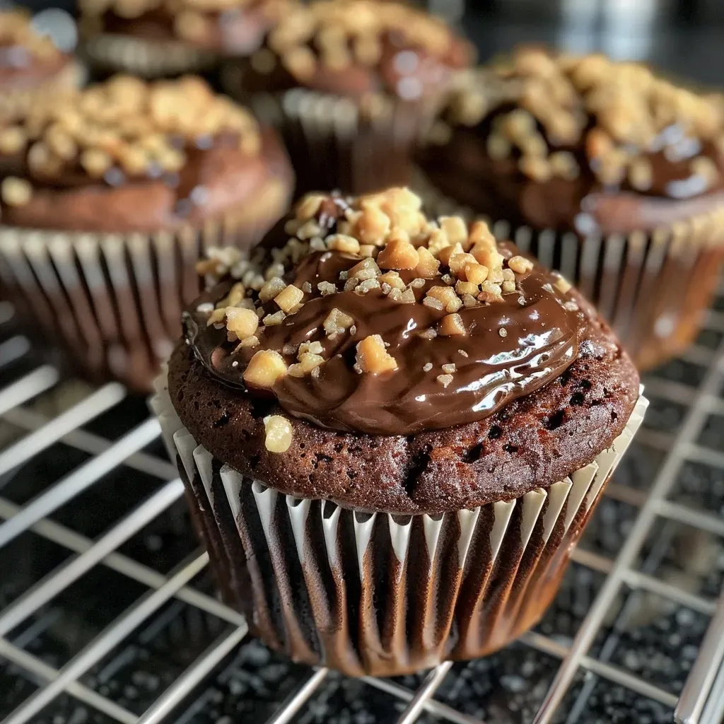 Side view of freshly baked Schoko-Kürbis muffins displaying a rich chocolate color and pumpkin texture.
