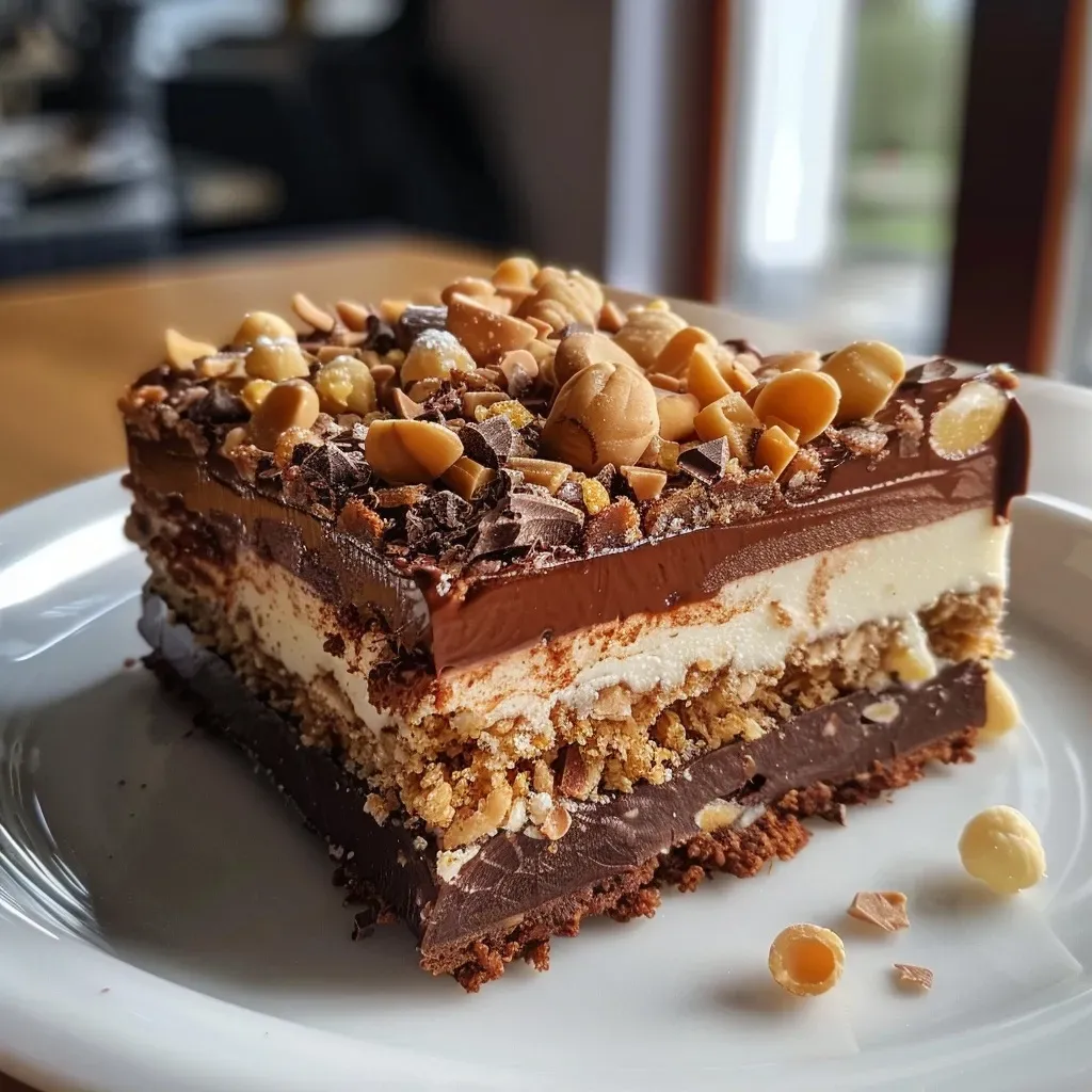 Close-up view of a layered Schoko-Kürbis dessert with chocolate and pumpkin.
