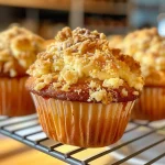 Close-up view of a Kürbis Muffin topped with almond streusel, showcasing its texture and color.