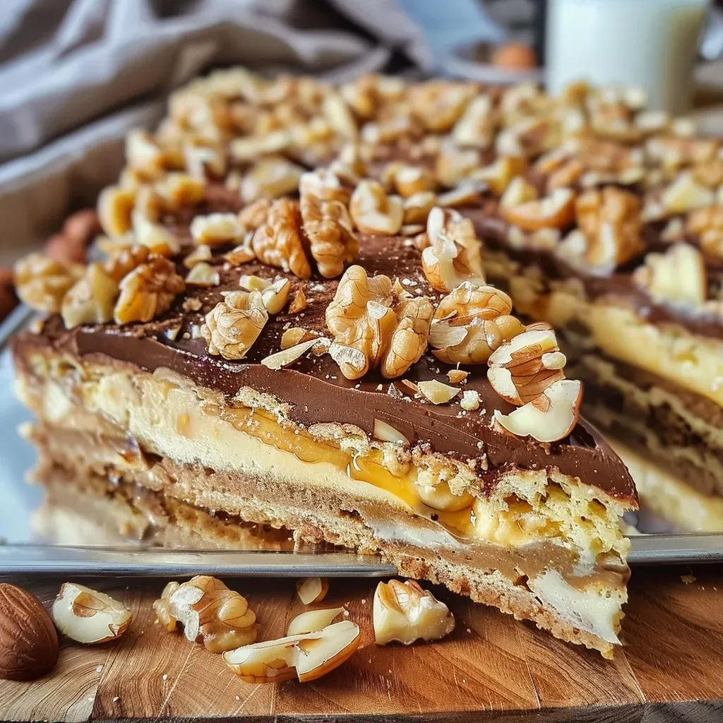 Side view of a creamy walnut cheesecake on a white plate.