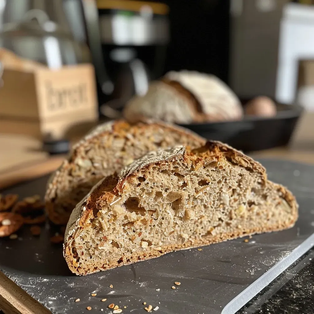 Side view of freshly baked Walnussbrot with a golden crust and walnuts visible.