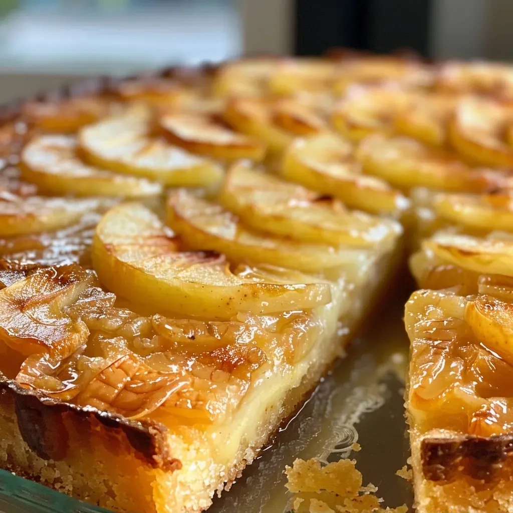 A close-up side view of a spiced baked apple cheesecake topped with cinnamon streusel.