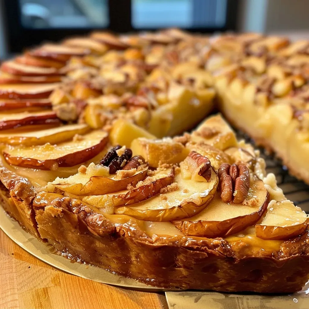 Delicious Würzige Apfel Käsekuchen displayed, showcasing layers and topping.