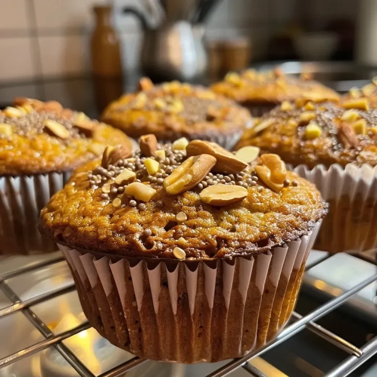 Close-up of spiced pumpkin muffins with a rich golden-brown crust, showcasing a pecan topping.