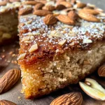 Close-up side view of a moist cinnamon almond cake topped with almond slices.