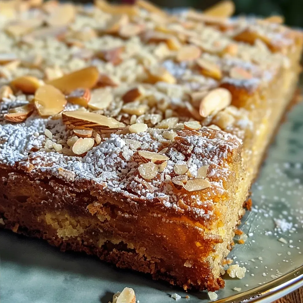 Delicious Zimt Mandelkuchen vom Blech with a golden, cinnamon-dusted crust and sliced almonds.