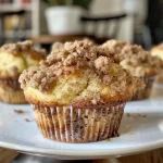 Close-up of cinnamon muffins with a golden streusel topping.