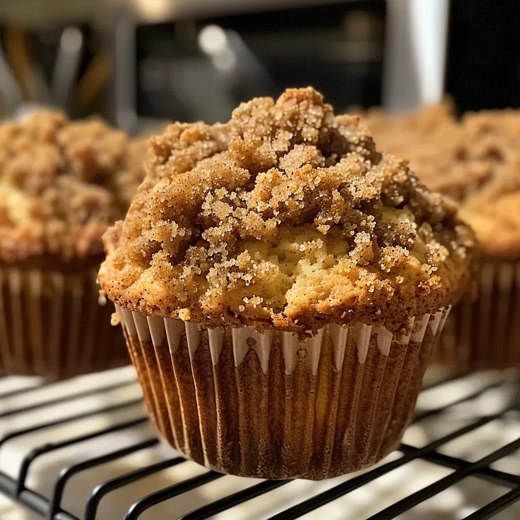 Side view of freshly baked cinnamon muffins with a crumbly topping.