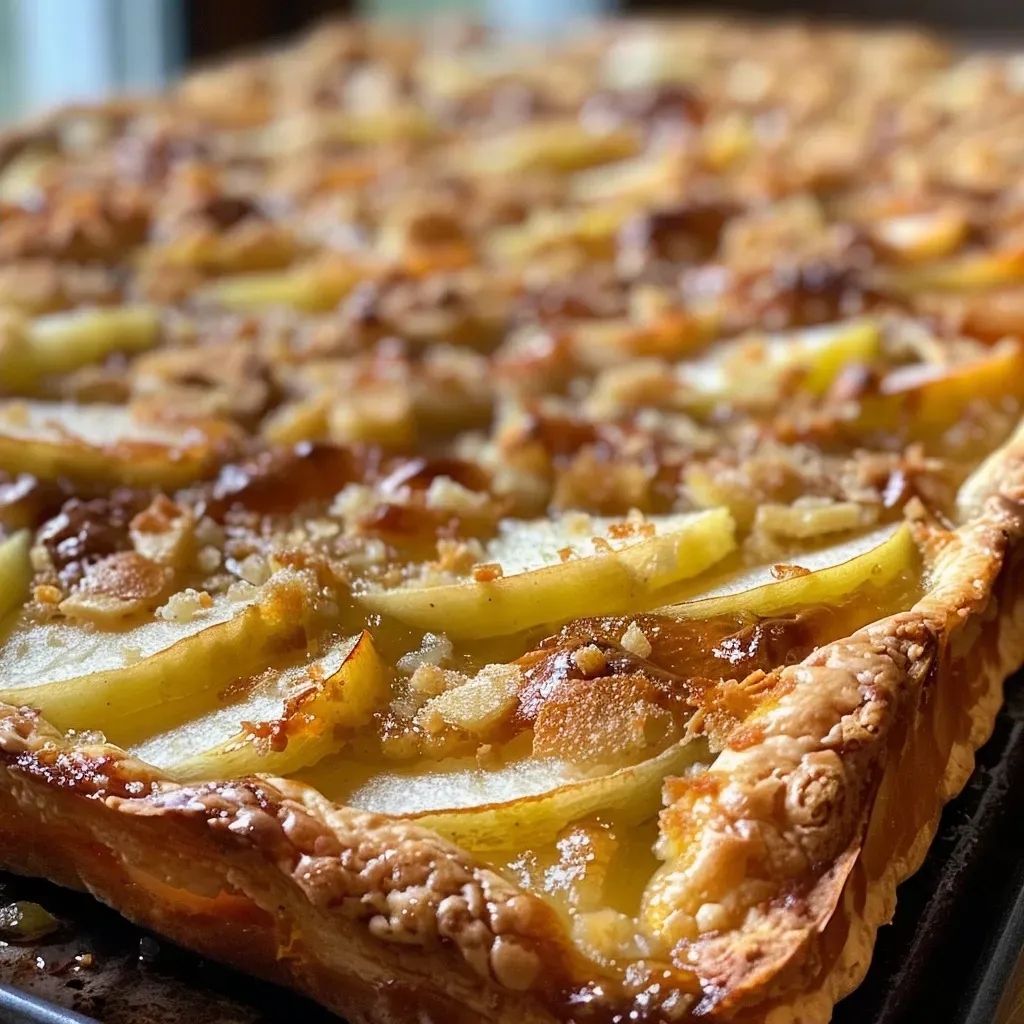 Side view of moist Zimtapfelkuchen, showcasing the apple slices and a dusting of cinnamon.