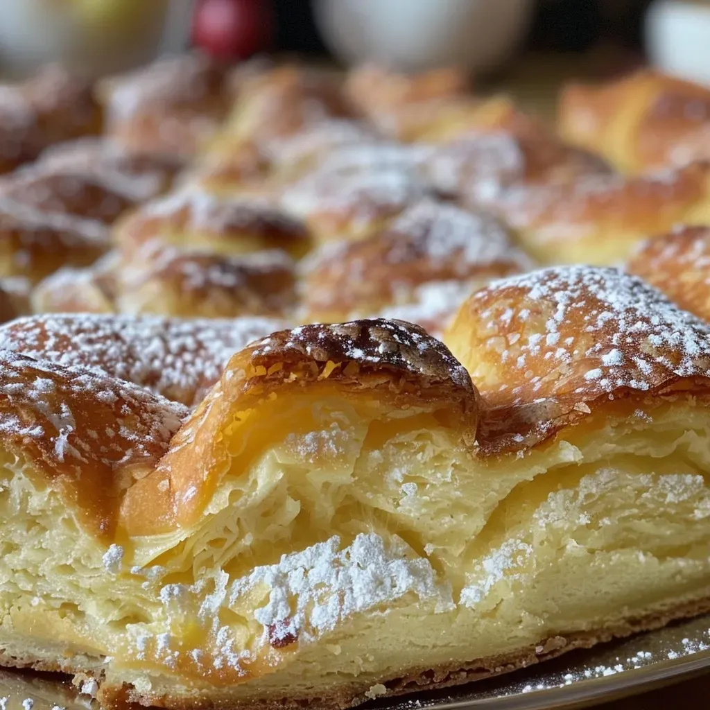 Close-up side view of a moist Zimtkuchen, showcasing its golden-brown crust and cinnamon topping.