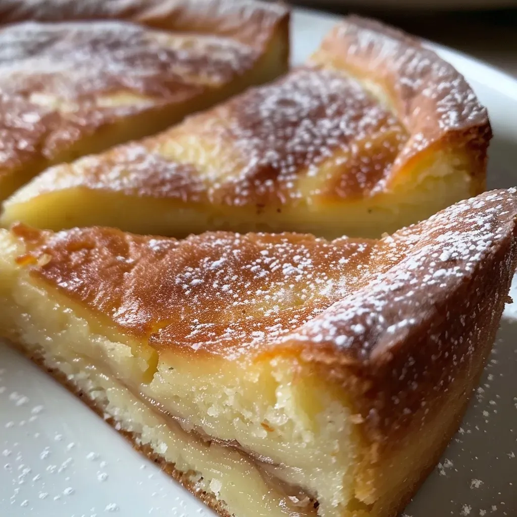 Close-up side view of a moist Zimtkuchen, showcasing its golden-brown crust and cinnamon topping.