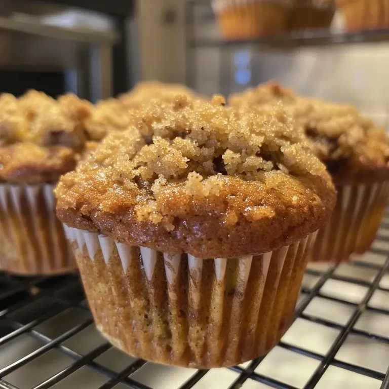 Close-up side view of freshly baked Cinnamon Streusel Muffins with a golden-brown top and crumbly streusel topping.